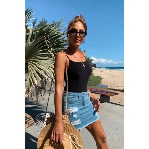 Blue High Waist Ripped Distressed Frayed Hem Denim Jeans Bodycon Mini Skirt - Picture 13 of 15